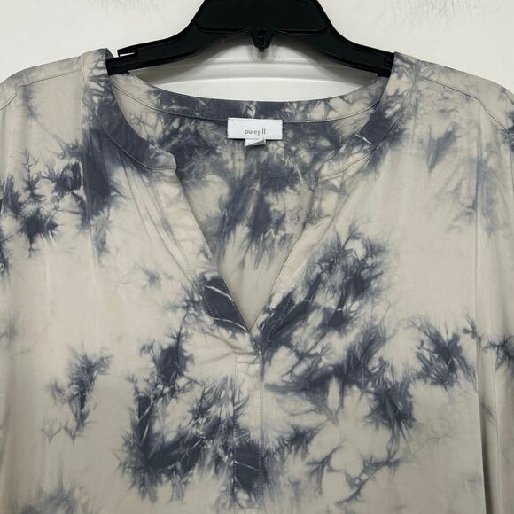 J Jill Pure Jill Blue White Tie Dye Print V Neck Longline Tunic Blouse Top XL - Picture 5 of 13